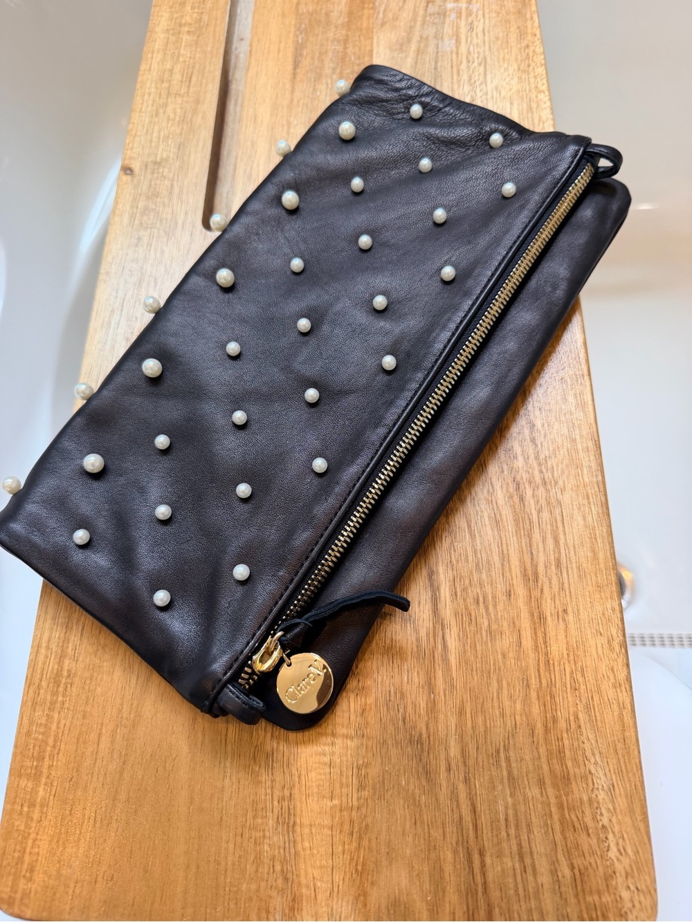 Clare V Foldover Clutch w/ Tabs - Black w/ Pearls $295